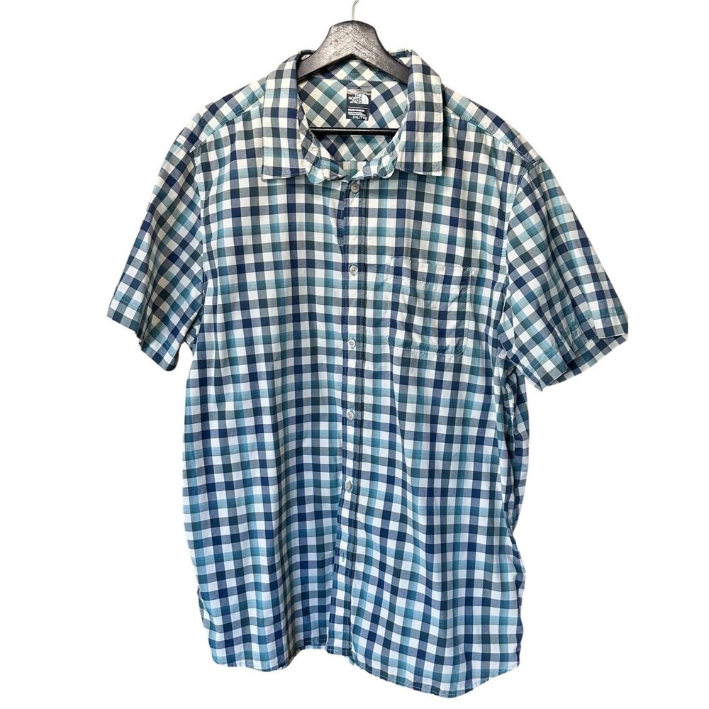 North Face Shirt Men’s XXL Extra Large Short Sleeve Button Up Plaid Pocket Blue